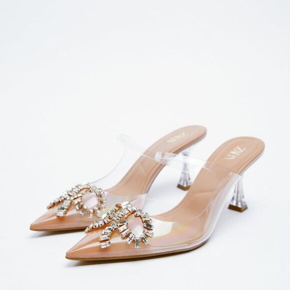 Zara Shimmery Heeled Vinyl Mules with Sparkly Bow Details sz 39 - Picture 1 of 7